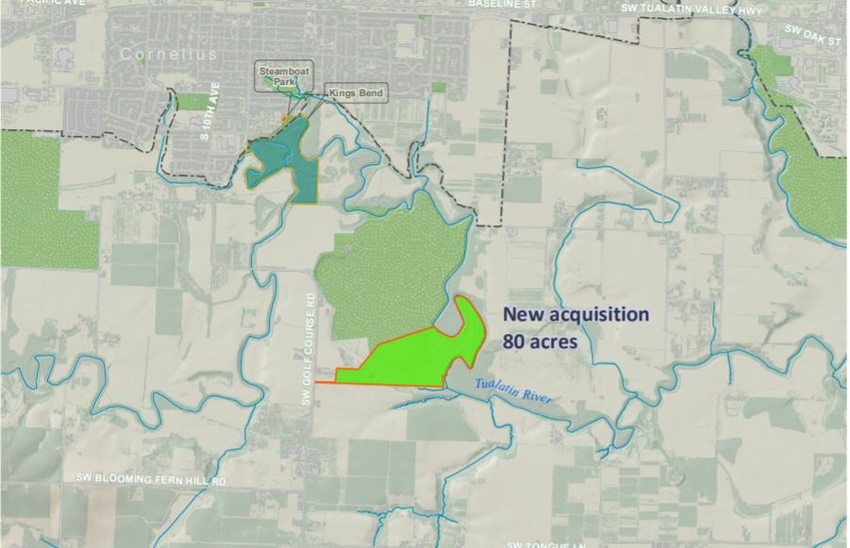 The newly acquired Atfalati South sits to the south of Cornelius. The Columbia Land Trust's 245-acre Atfalati Prairie is just above, in green.