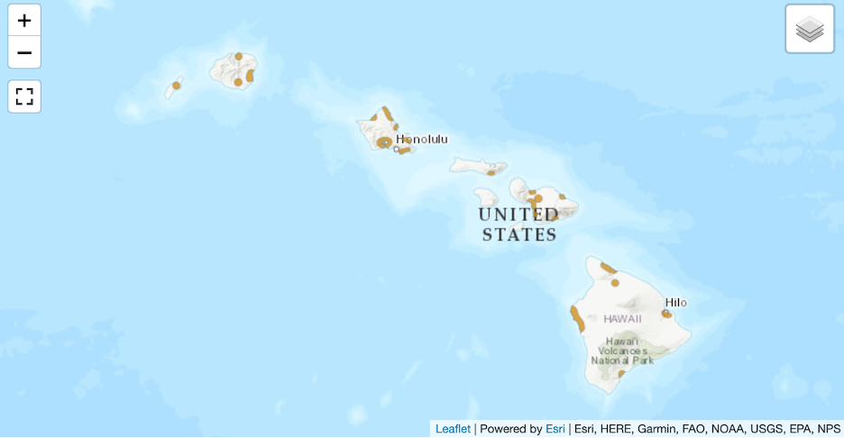 ‘Alae ke‘oke‘o are found in coastal wetlands across most of the islands but are more concentrated on Oʻahu, Maui, and Kauaʻi. Their breeding sites are much more limited.
Range map from Bird Life International and Birds of the World. 
