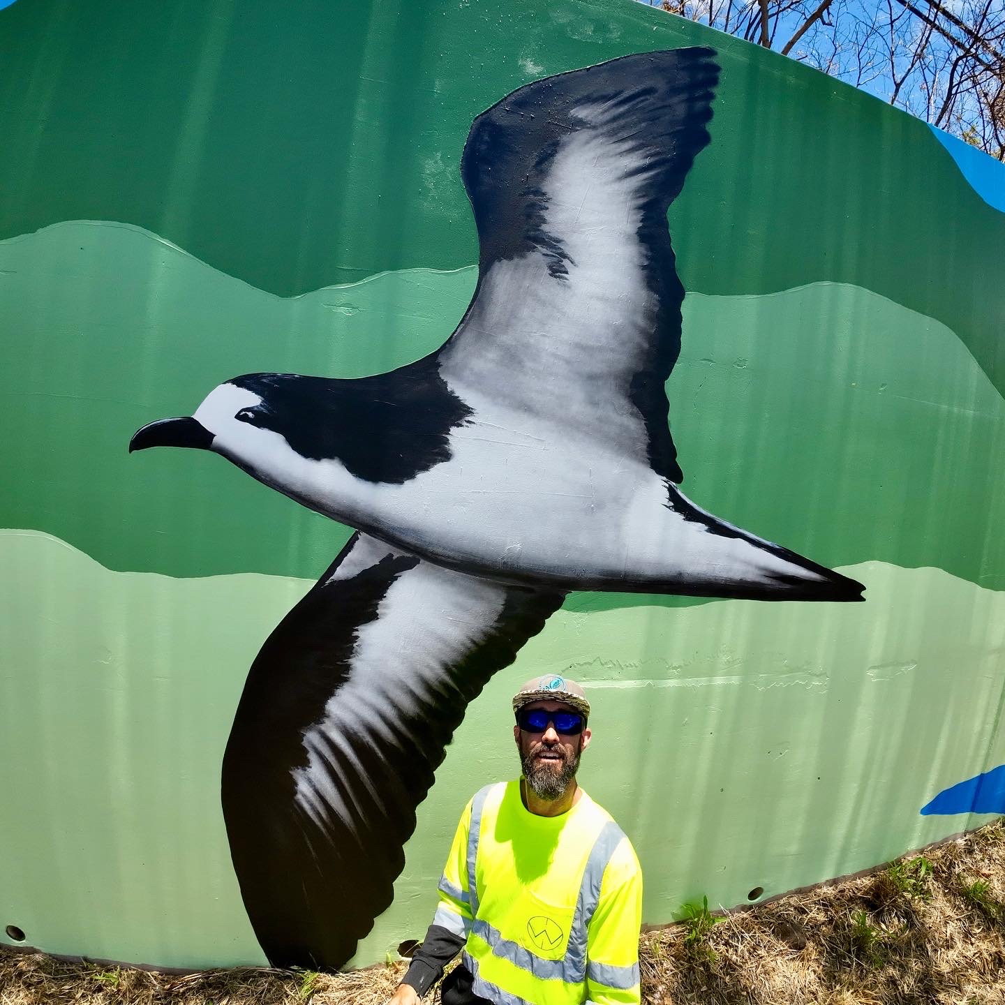 Artist Seth Womble with the mural in progress. Depicted behind him is the Uʻau (Hawaiian Petrel). <br> © Seth Womble