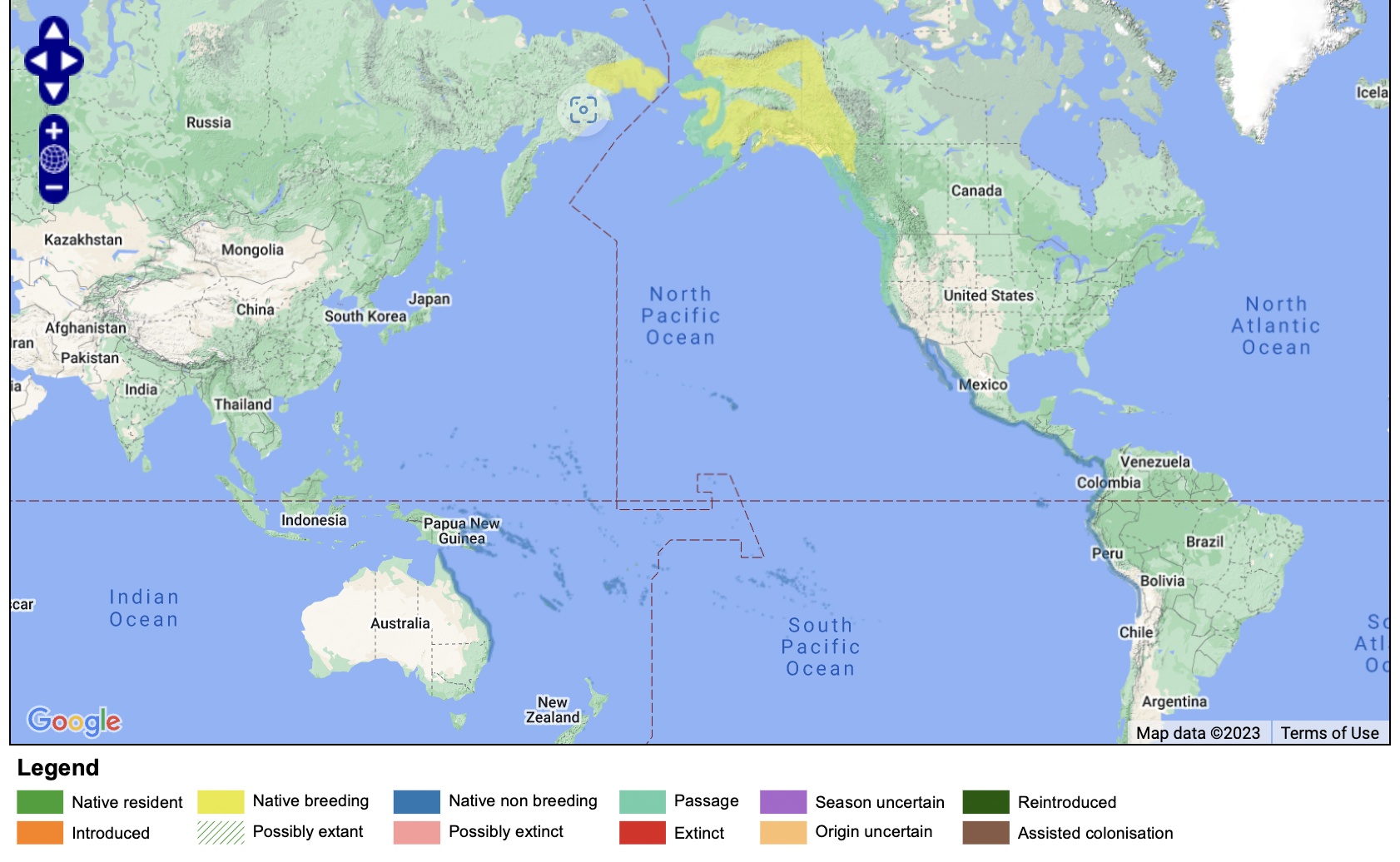 Distribution of Wandering Tattler<br>Map from Bird LIfe International
