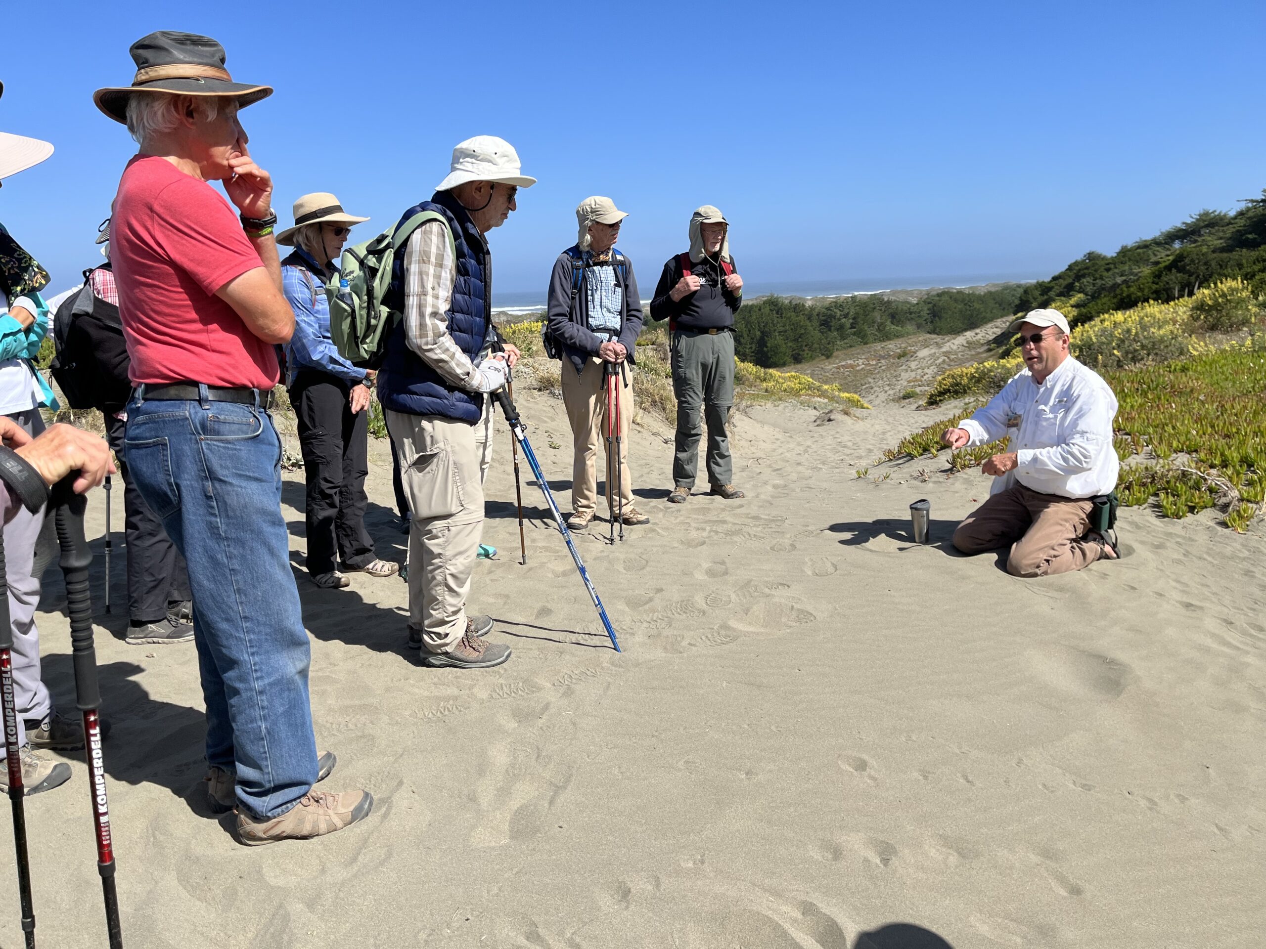 John St. Marie, Naturalist and Friends of the Dunes Board Member leads a guided walk at Samoa Dunes & Wetlands Conservation Area for Coastwalk, as part of their Partnership Grant. Photo by Simon Lowin