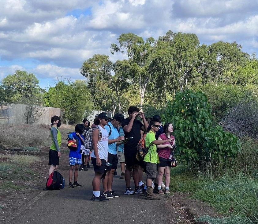 The Project Coordinator points out a native bird to a group of students. Some students are observing the bird with binoculars to confirm the species, other students are recording the species on the survey activity sheet, and other students are listening to Project Coordinator talk about the bird in question. Credit: Hui o Hoʻohonua