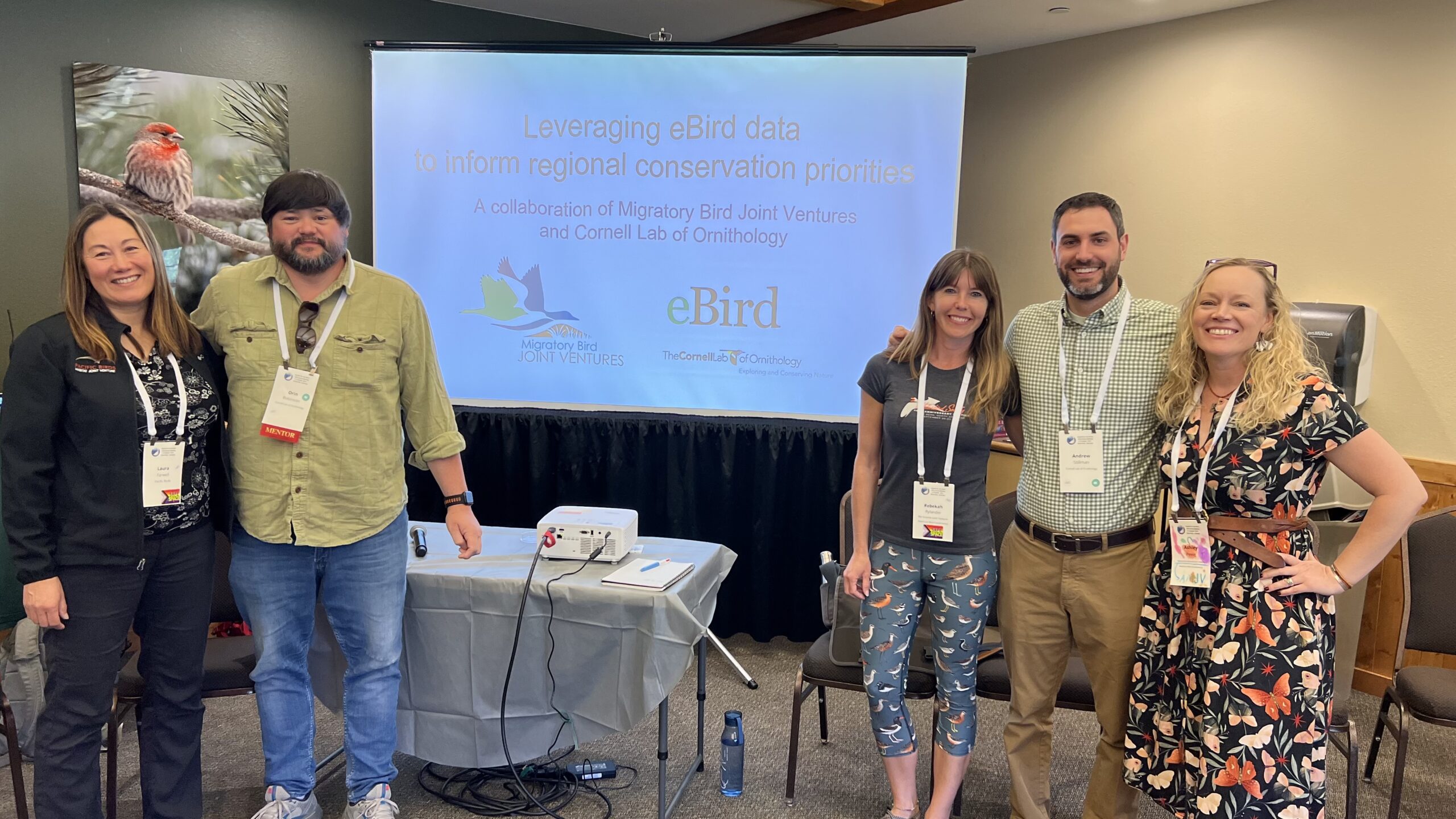 JV-eBird collaborators present at the 2024 American Ornithological Society Annual Meeting. From left to right: Laura Farwell (Pacific Birds), Orin Robinson (Cornell), Rebekah Rylander (Rio Grande JV), Andrew Stillman (Cornell), Ashley Peele (Appalachian Mountains JV).