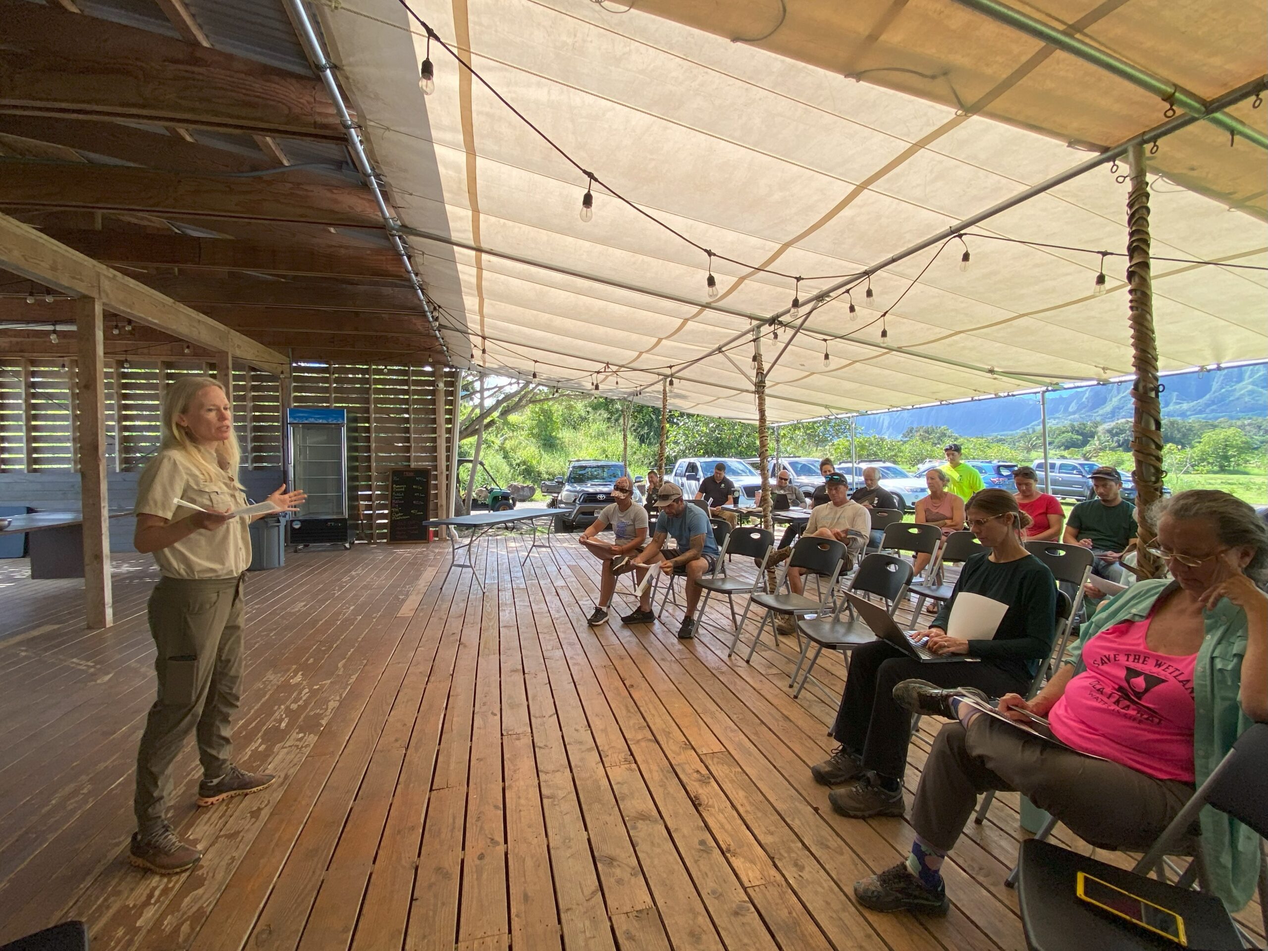 Helen Raine presenting on waterbird recovery. Credit: Monica Iglecia