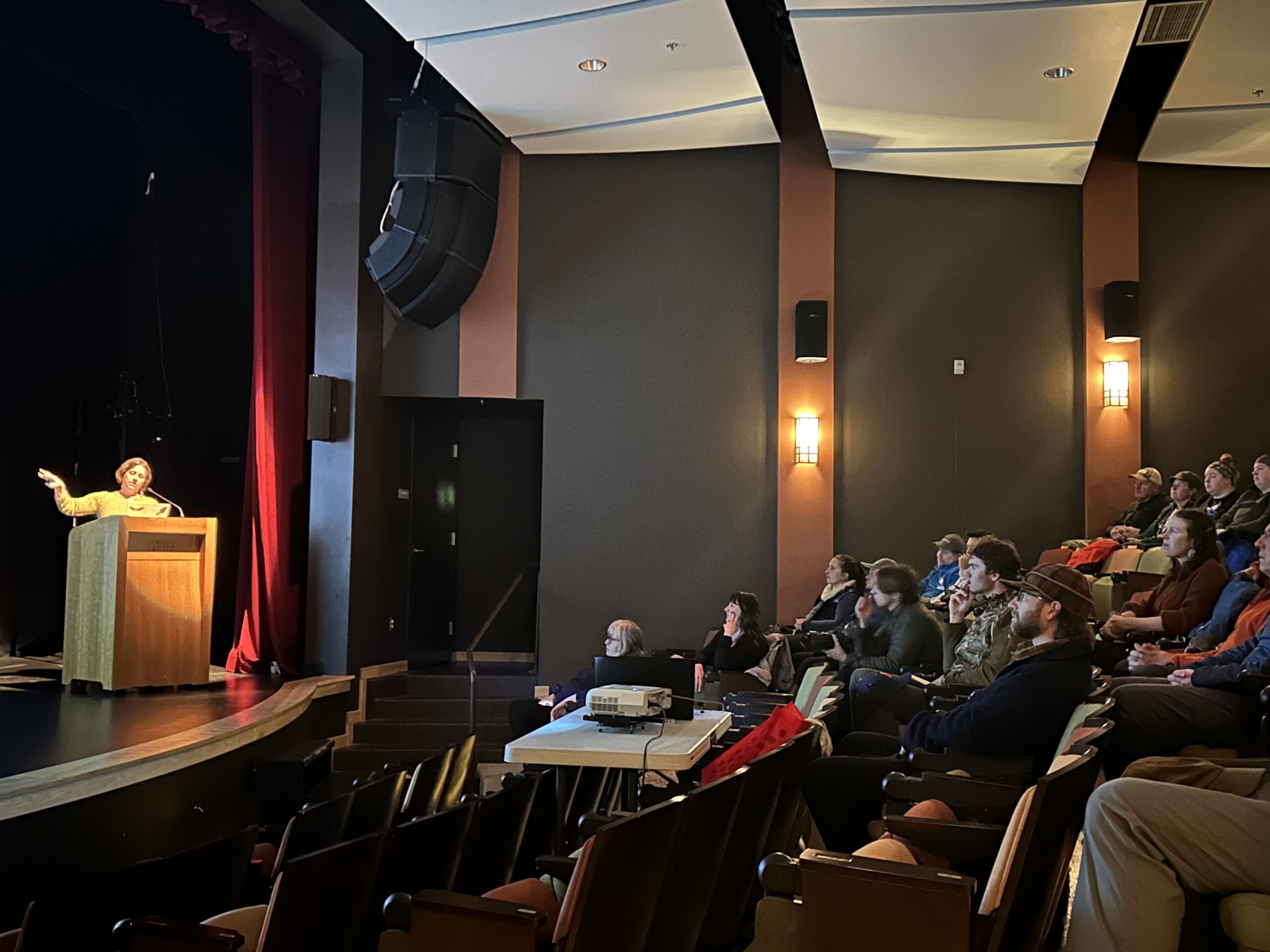 Speaker presenting to an engaged audience in a theater setting
