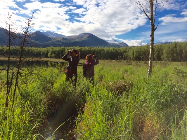 McKenna Hanson (left) and Lindsay Hermanns (right) surveying Basher Lakes  in Anchorage, 2014.