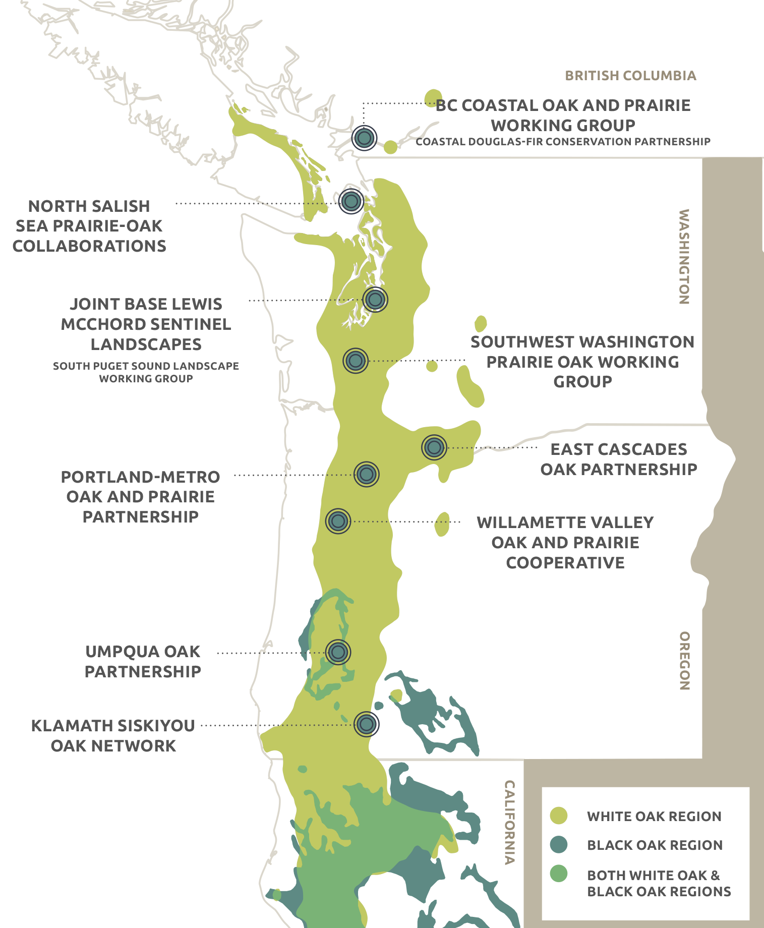 This map shows nine regional oak and prairie partnerships across the Pacific Northwest.