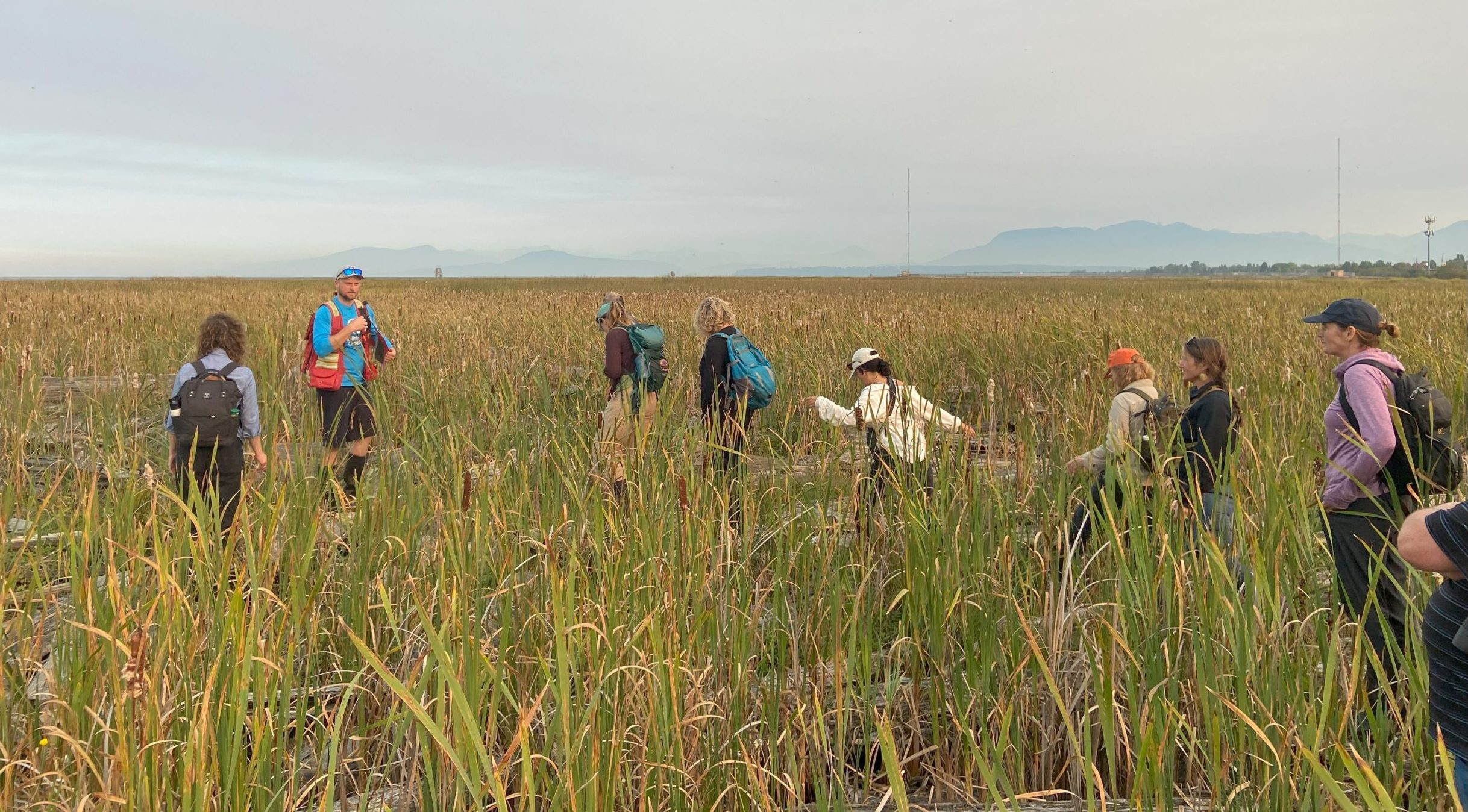 Eric giving the Pacific Birds International Management Board a tour of Sturgeon Bank. Credit: Monica Iglecia