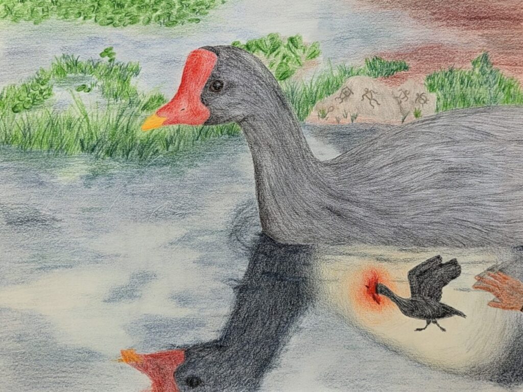 This image is a scanned copy of artwork depicting the ʻalae ʻula bird.