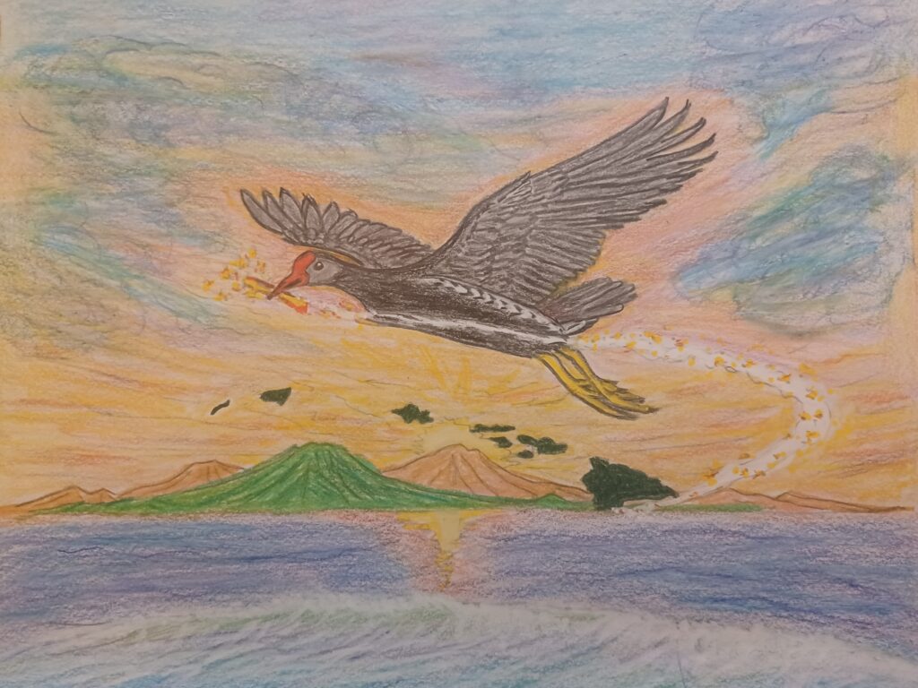 This image is a scanned copy of artwork depicting the ʻalae ʻula bird.