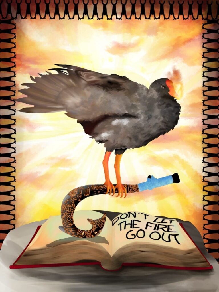 This image is a scanned copy of artwork depicting the ʻalae ʻula bird.