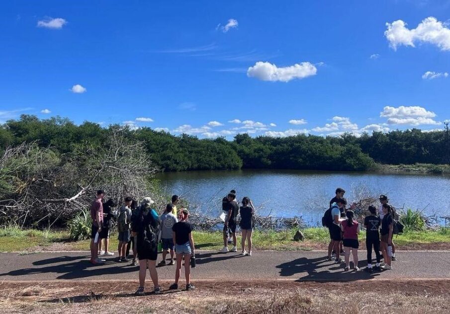 The Project Coordinator asking discussion questions about native birds. Students are conversing and preparing to answer discussion questions.
Credit: Hui o Hoʻohonua