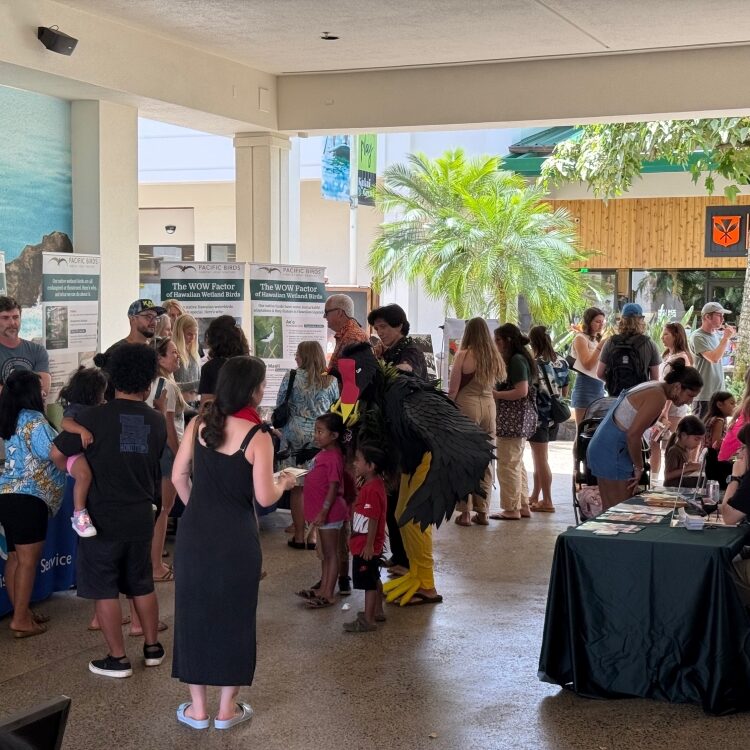 This image shows a large crowd of people at the ʻalae ʻula campaign kick-off event.