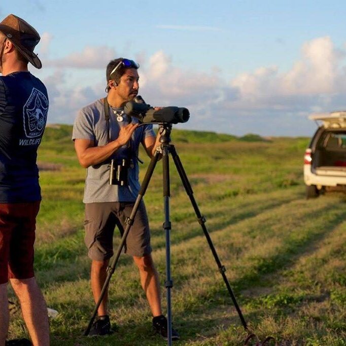 Javier Cotin and Luis Verdesoto looking for Pueo during a survey at James Campbell National Wildlife Refuge.<br> © Afsheen Siddiqi